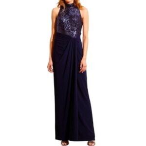 Ralph Lauren Sequin Bodice Mock Neck Navy Blue Gown Gathered Ruched Size 6